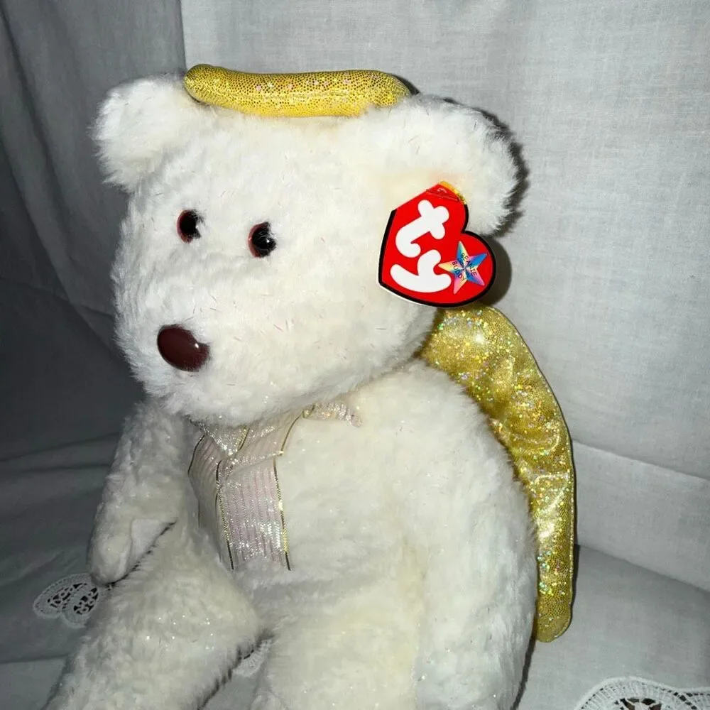 Ty Beanie Buddy Halo II Angel Bear 2000 White Gold Wings Iridescent Sparkle MWMT